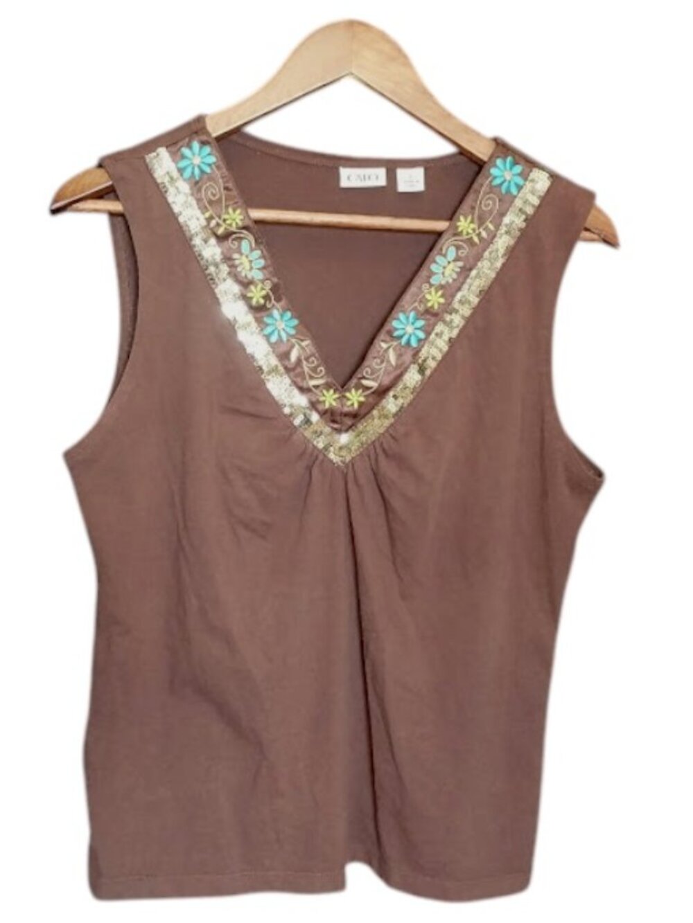Cato Brown Embellished V Neck Womens Top Size Large McBling Boho Whimsigoth